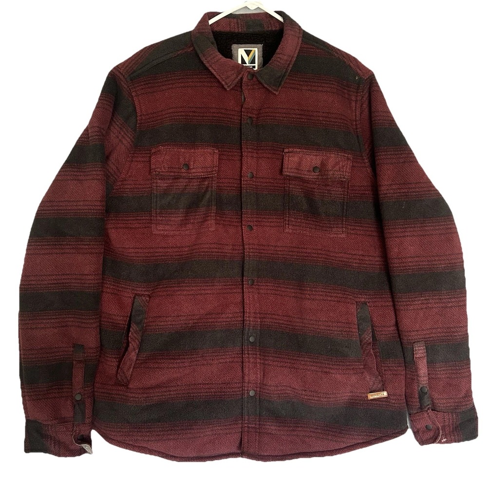 Voyager Sherpa Polar Fleece Lined Shirt Jacket Red Black Striped Men's Size L